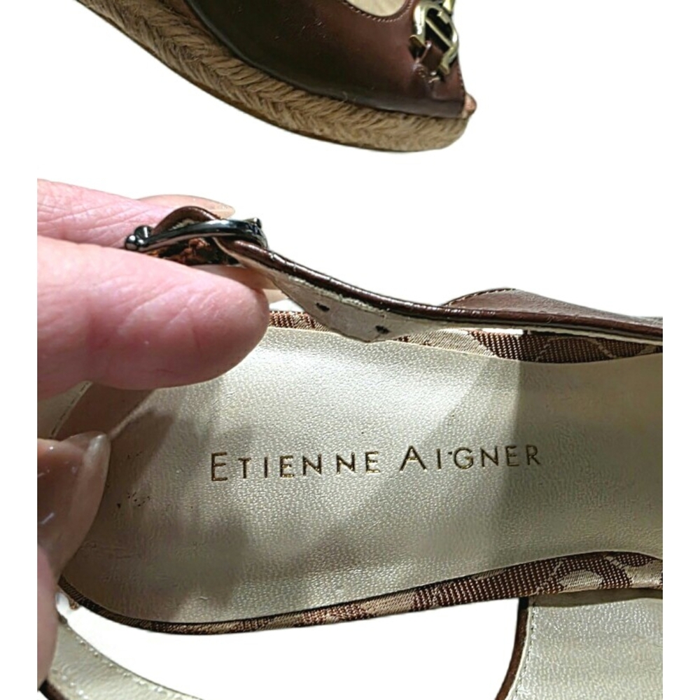 Etienne Aigner "Olexa" Brown Leather Wedge Slingback Sandals Size 6 - Picture 8 of 9